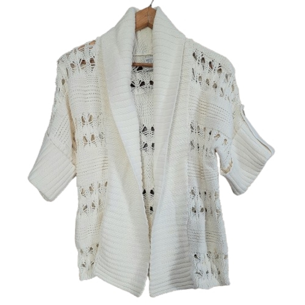 Womens S Chico's Cottagecore Cream Open-Knit Crochet Comfy Short Sleeve Cardigan